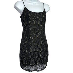 Lucy In The Sky Black Lace Slip Dress L Gold Metallic Party‎ Mini Fairy Grunge